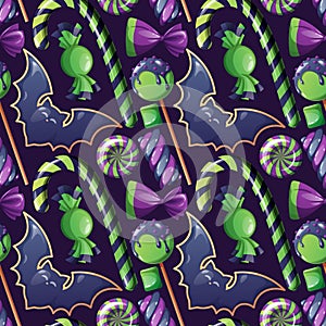 Seamless pattern with Halloween sweets on a dark background. Bat cookies, candy, lollipop, marshmallow. Trick or treat