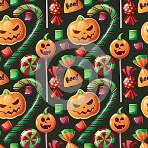 Seamless pattern with Halloween sweets on a dark background. Cookies in the form of pumpkin, candy, lollipop