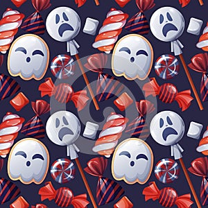 Seamless pattern with Halloween sweets on a dark background. Ghost cookies, candy, lollipop, marshmallow. Trick or treat