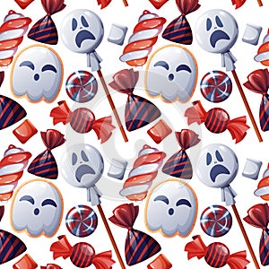 Seamless pattern with Halloween sweets. Ghost cookies, candy, lollipop, marshmallow. Trick or treat. Festive texture