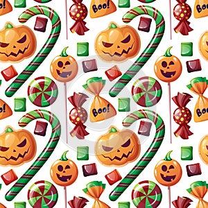 Seamless pattern with Halloween sweets on a white background. Cookies in the form of pumpkin, candy, lollipop