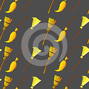 Seamless Pattern with Halloween Witches Broomstick.Accessory Object, Cartoon Broom. Vector Illustration for your Design.