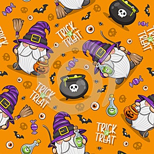 Seamless Pattern Halloween Witches Gnome, Cute Cartoon Illustration