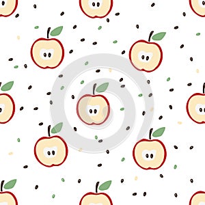 Seamless pattern of halves of a red apple and seeds on a white background. Cute flat pattern for wallpaper, wrapping paper, hobby