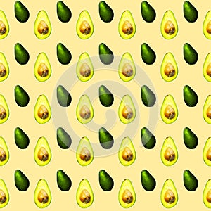 Seamless Pattern of Halves of Ripe Avocado on light orange background, Healthy oily food, Keto diet