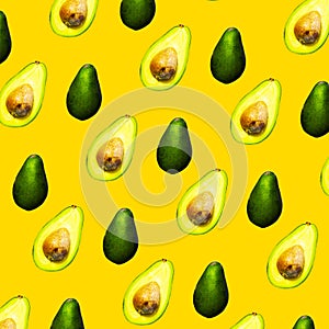 Seamless Pattern of Halves of Ripe Avocado on orange background, Healthy oily food, Keto diet