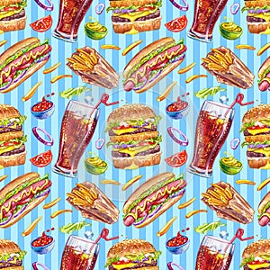 Seamless pattern with hamburger, fries, hot dog and cola on a striped background