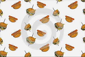 Seamless pattern of a hamburger on a skewer and a hot dog. American fast food. Happy hamburger day