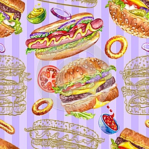 Seamless pattern of hamburgers, hot dogs and onion rings on a purple striped background