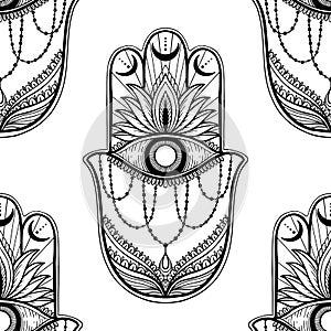 Seamless pattern hamsa talisman religion Asian. Black color graphic in white background. Symbol of protection and talisman against