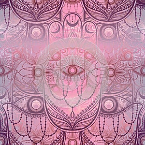 Seamless pattern hamsa talisman religion Asian. Symbol of protection and talisman against the evil eye.Tattoo motif