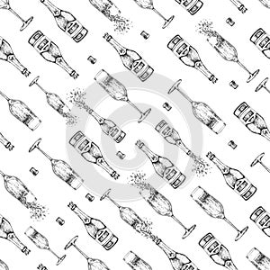 Seamless pattern with hand drawing champagne bottle, champagne glass and cork