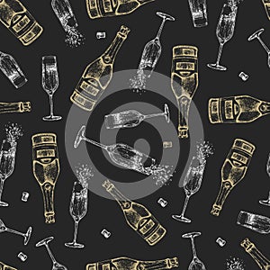 Seamless pattern with hand drawing champagne bottle, champagne glass and cork