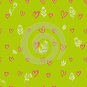 Seamless pattern of hand drawing hearts and whites tulips on a green background.