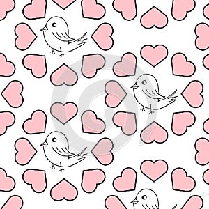 seamless pattern, hand drawn abstract birds on a background of pink hearts, gentle pastel shades, for children\'s clothin