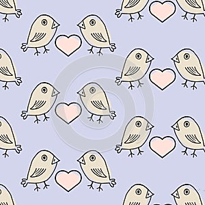 seamless pattern, hand drawn abstract birds and pink hearts on a blue background, gentle pastel shades, for linen, textiles