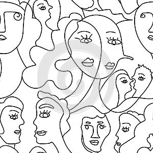 Seamless pattern of hand drawn abstract faces of men and women in line art style. Modern minimalism black and white drawing.