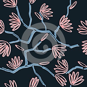 Seamless pattern with hand drawn almond tree on black background