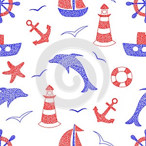 Seamless pattern with hand drawn anchor, dolphin, ship, lighthouse, sailboat, hand wheel, helm on white background in childrens