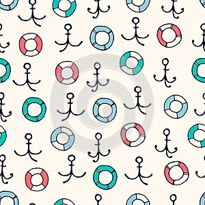 Seamless pattern with hand drawn anchors, lifesavers. Boating, sailing and fishing concept