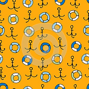Seamless pattern with hand drawn anchors, lifesavers on yellow background. Boating, sailing and fishing concept