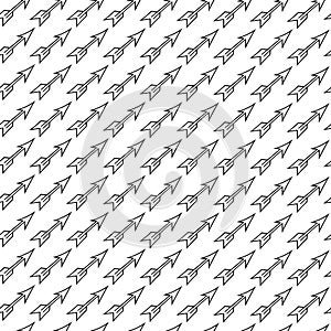 Seamless pattern of hand-drawn arrows. Contour drawing in cartoon style on a white background.