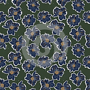 Seamless pattern Hand drawn Artistic bloomimg floral dark blue flower on yellow background