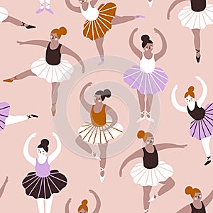 Seamless pattern with hand drawn  ballerinas. Cute dancing girls  on blue background. Vector fashion repeated background