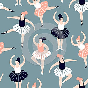 Seamless pattern with hand drawn  ballerinas. Cute dancing girls isolated on blue background. Vector fashion repeated background