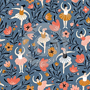 Seamless pattern with hand drawn ballerinas and decorative flowers. Cute dancing girls on the blue floral background. Vector fash