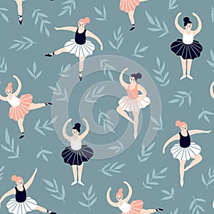 Seamless pattern with hand drawn  ballerinas and leaves. Cute dancing girls on the blue natural background. Vector fashion repeate