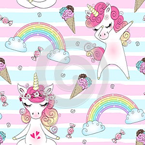 Seamless pattern with hand drawn beautiful cute little princess girls unicorns.