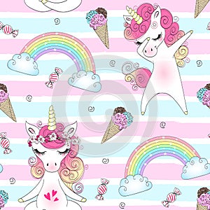 Seamless pattern with hand drawn beautiful cute little princess girls unicorns. photo