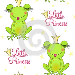 Seamless pattern with hand drawn beautiful, lovely, little mouse ballerina girl with crown on her head.