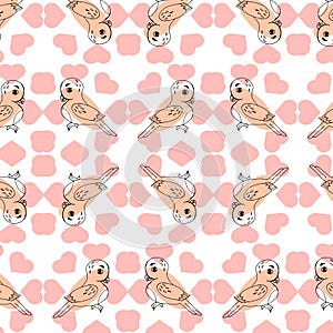 seamless pattern, hand drawn birds, parrots and pink hearts , gentle pastel shades, for linen, textiles, children\'s clothing