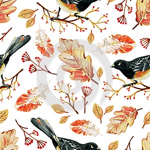 Seamless pattern with hand-drawn black bird and golden autumn oak leaves, branches