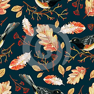 Seamless pattern with hand-drawn black bird and golden autumn oak leaves, branches on a dark background