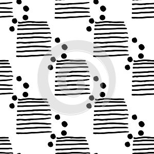 Seamless pattern with hand-drawn black-white lines and circles