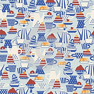 Seamless pattern. Hand drawn Blue and white pottery decorated with patterns in Scandinavian style