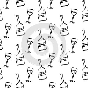 Seamless pattern hand drawn bottle and glass. Doodle black sketch. Sign symbol. Decoration element. Isolated on white background.