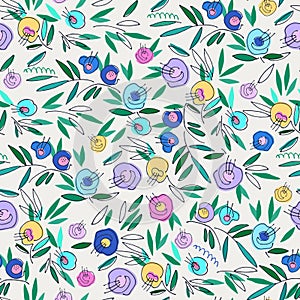 Seamless pattern with hand drawn bright flowers for surface design and other design projects