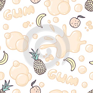 Seamless pattern with hand drawn bubble gum. Multifruit flavor. Food background