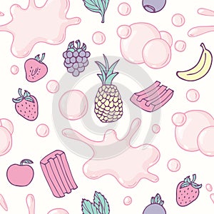 Seamless pattern with hand drawn bubble gum seamless pattern. Multifruit flavor. Sweet candy background