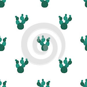 Seamless pattern of hand-drawn cacti with prickles on a light background. Illustration for children, room, textile, clothes, cards