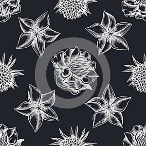 Seamless pattern with hand drawn chalk bellflower, globethistle, globeflower