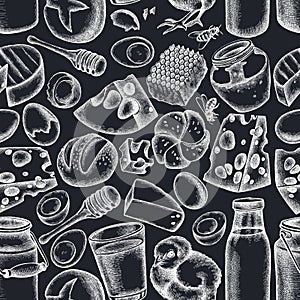 Seamless pattern with hand drawn chalk milk, cheese, chicken, eggs, buns and bread, honey