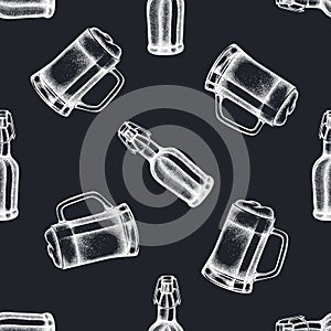 Seamless pattern with hand drawn chalk mug of beer, bottles of beer