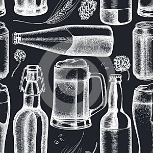 Seamless pattern with hand drawn chalk rye, hop, mug of beer, bottles of beer, aluminum can