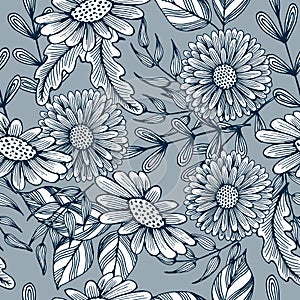 Seamless pattern, hand-drawn chamomile flowers, blue outline on a pale blue background. Elegant design for textile