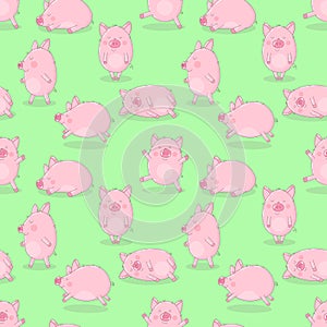 Seamless pattern of hand-drawn cheerful pigs on an isolated green background. Vector illustration of piglets for New Year, prints,